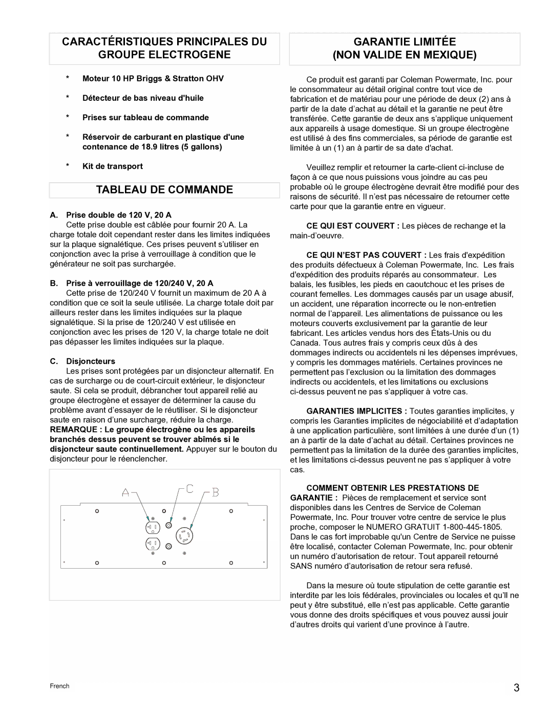 Powermate PM0545004.18 manual Caractéristiques Principales DU Groupe Electrogene, Tableau DE Commande 