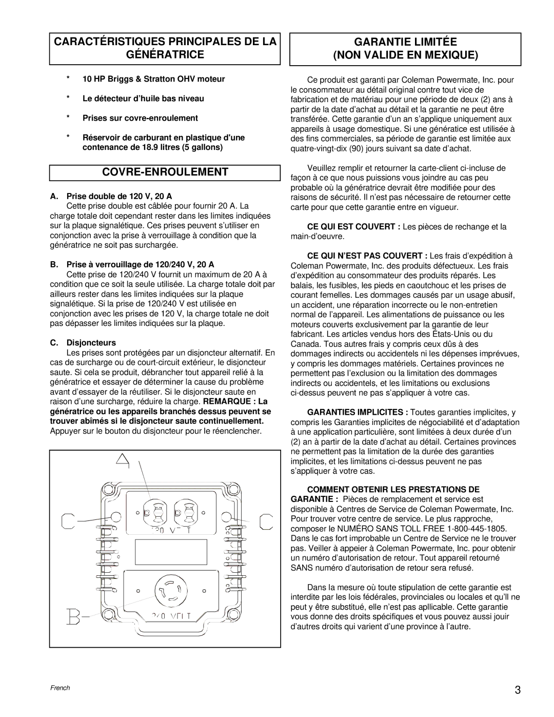 Powermate PM0545005 manual Caractéristiques Principales DE LA Génératrice, Covre-Enroulement 