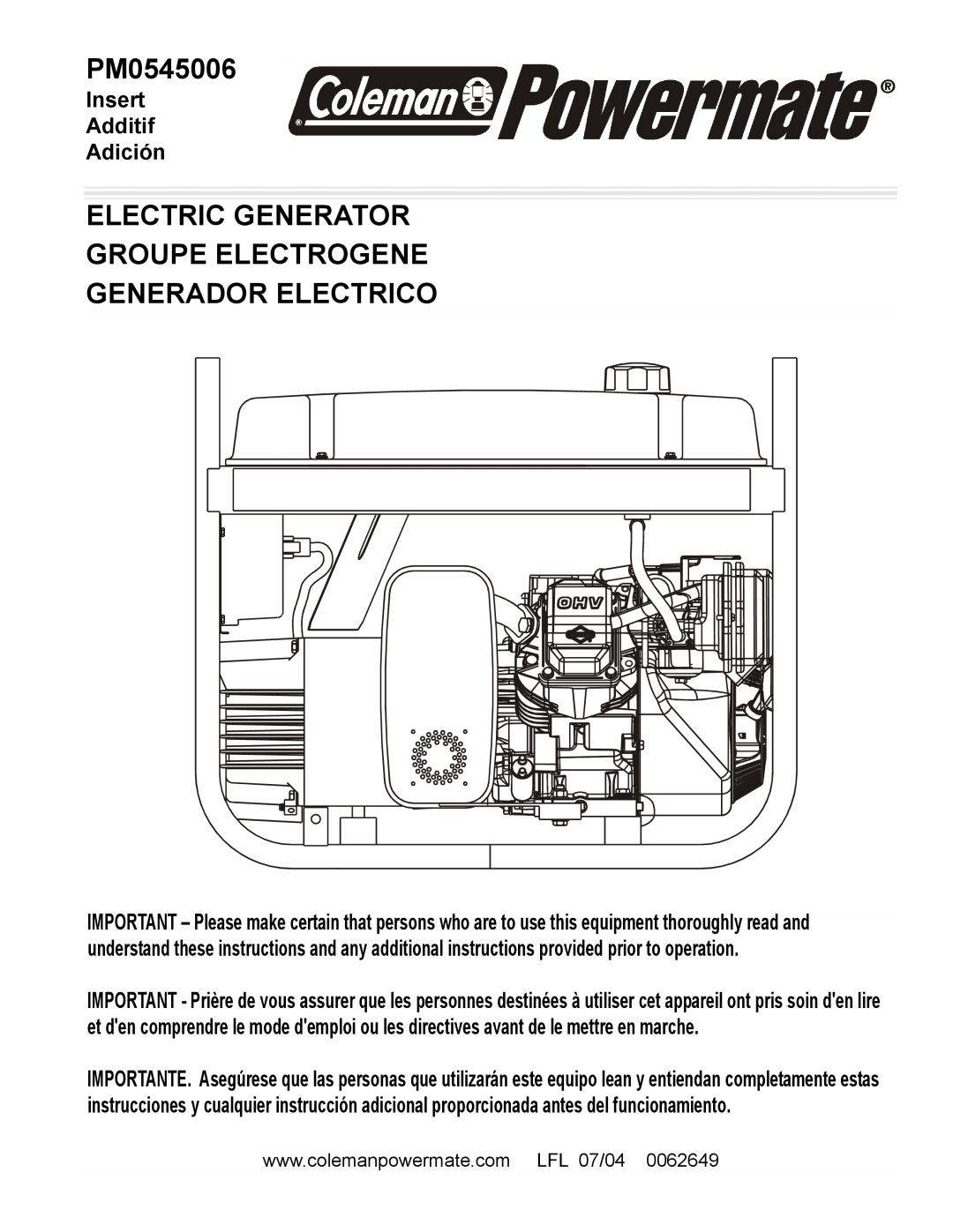 Powermate PM0545006 manual Electric Generator Groupe Electrogene, Generador Electrico, Insert Additif Adición 