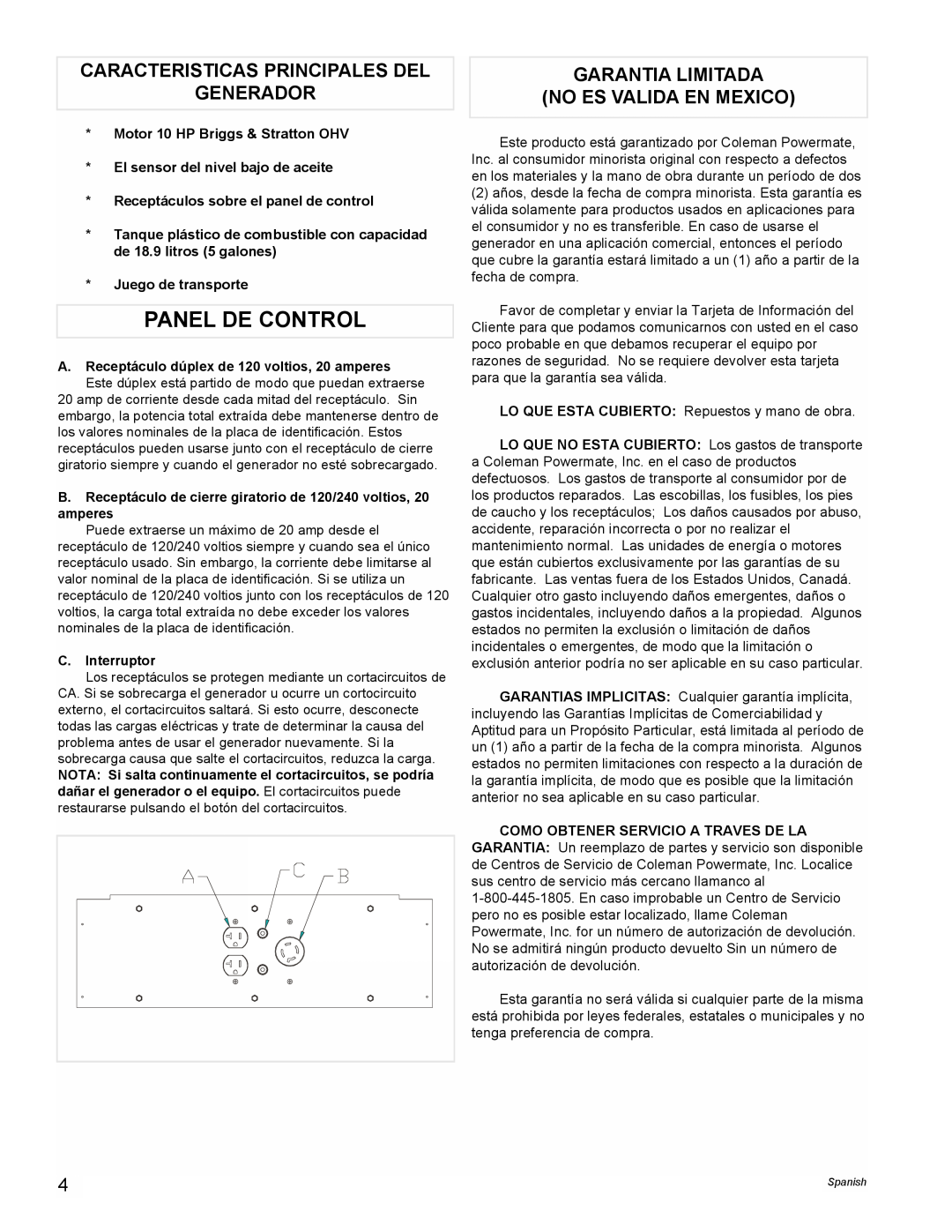 Powermate PM0545006 Panel De Control, Caracteristicas Principales Del Generador, Garantia Limitada No Es Valida En Mexico 