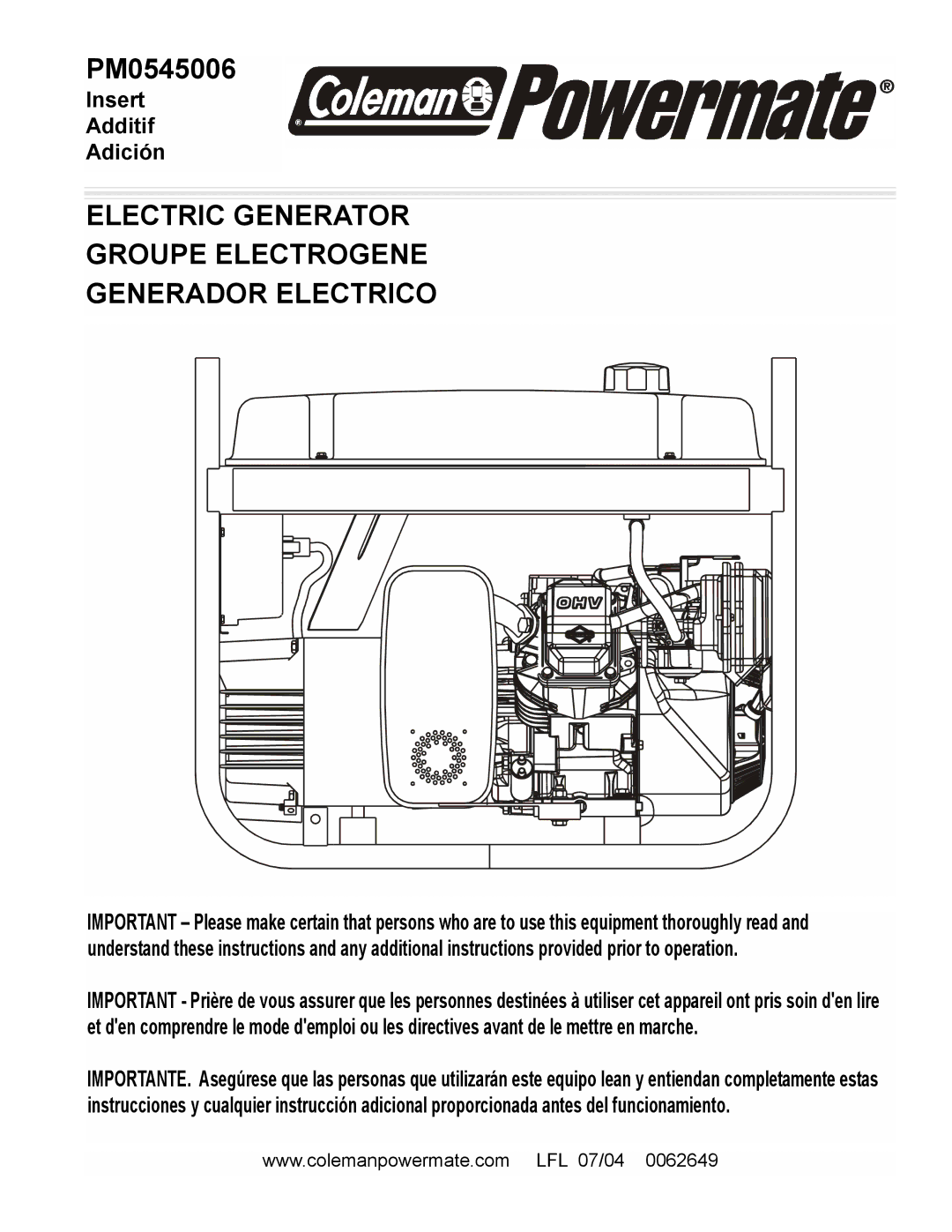 Powermate PM0545006 manual Electric Generator Groupe Electrogene Generador Electrico 