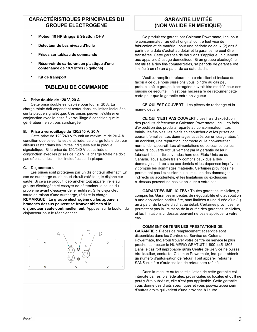 Powermate PM0545006 manual Caractéristiques Principales DU Groupe Electrogene, Tableau DE Commande 