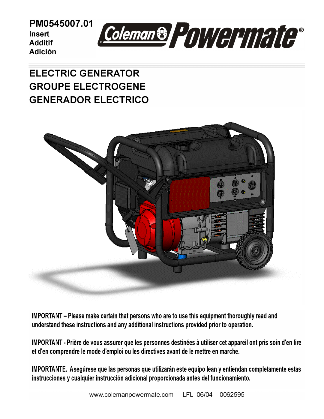 Powermate PM0545007.01 manual Electric Generator Groupe Electrogene, Generador Electrico, Insert Additif Adición 