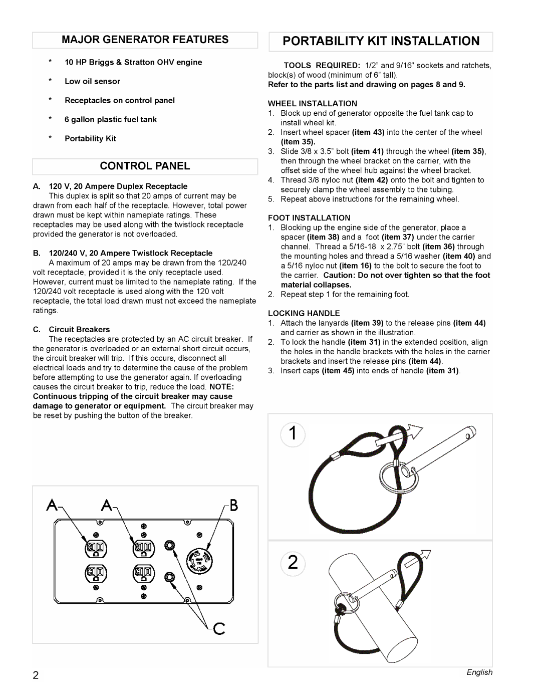 Powermate PM0545007.01 manual Portability KIT Installation, Major Generator Features, Control Panel 