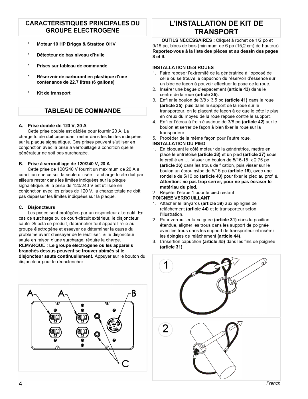 Powermate PM0545007.01 manual Linstallation DE KIT DE Transport, Caractéristiques Principales DU Groupe Electrogene 