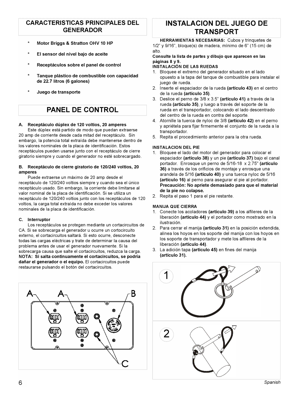 Powermate PM0545007.01 Panel DE Control, Instalacion DEL Juego DE Transport, Caracteristicas Principales DEL Generador 