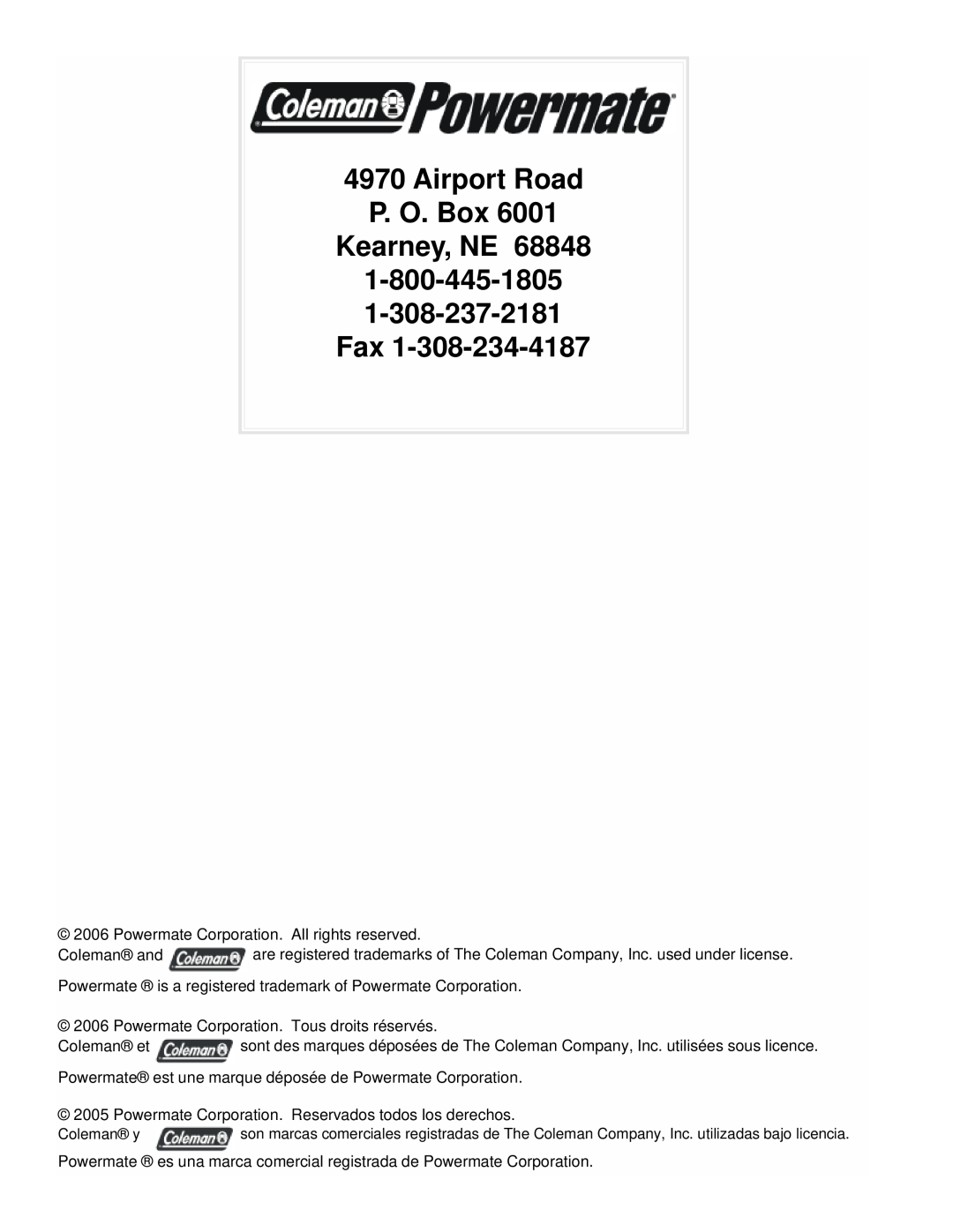 Powermate PM0545010 manual Airport Road P. O. Box Kearney, NE 