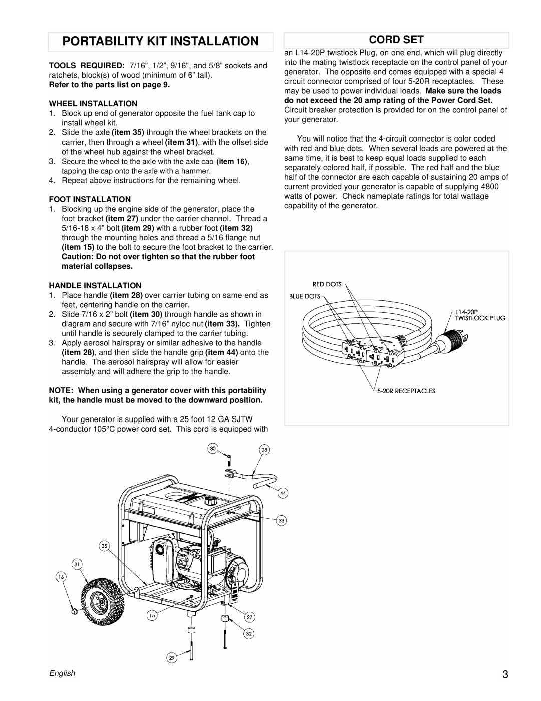 Powermate PM0545010 manual Portability Kit Installation, Cord Set, English 