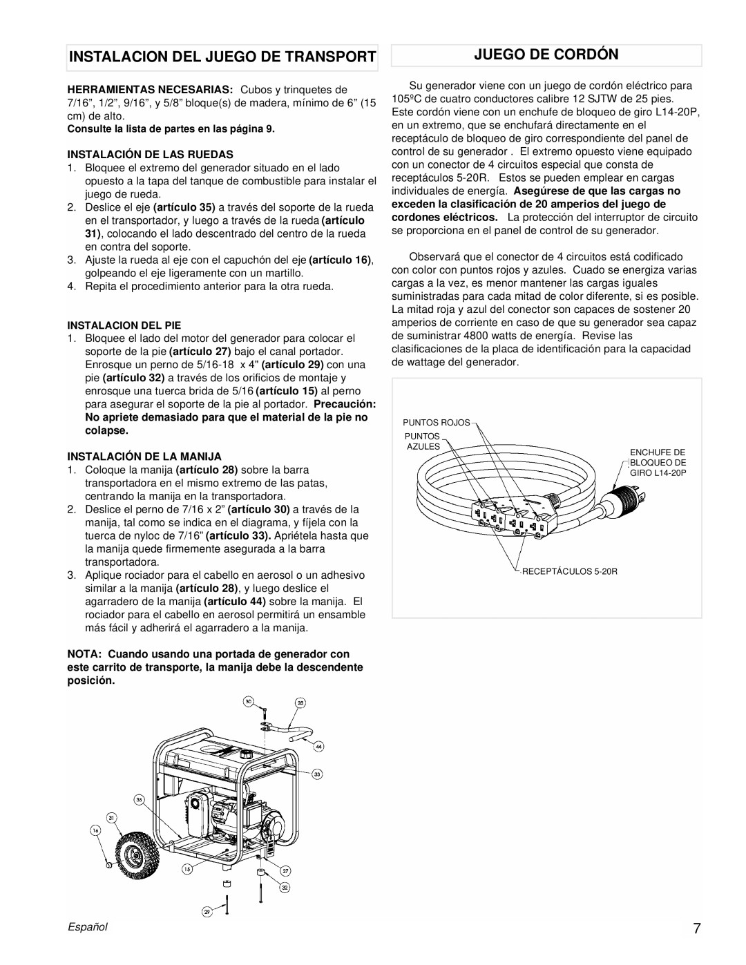 Powermate PM0545010 manual Instalacion Del Juego De Transport, Juego De Cordón, Instalación De Las Ruedas, Español 