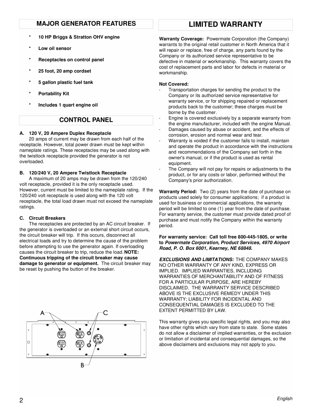 Powermate PM0545010 manual Limited Warranty, Major Generator Features, Control Panel 