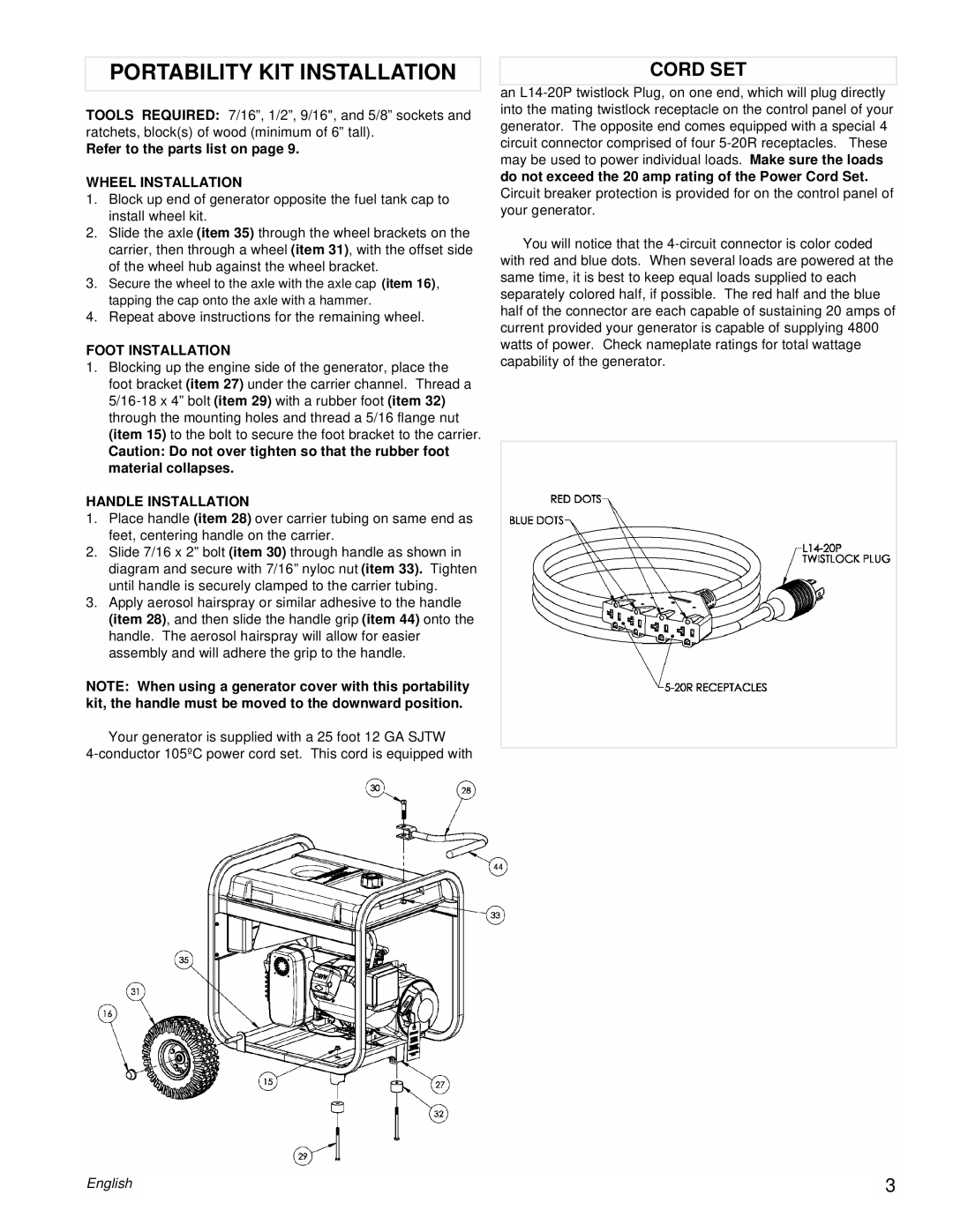 Powermate PM0545010 Portability KIT Installation, Cord SET, Wheel Installation, Foot Installation, Handle Installation 