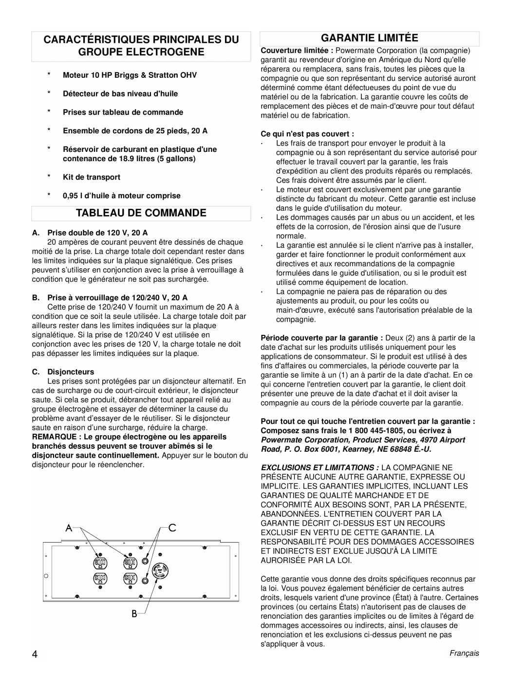 Powermate PM0545010 manual Caractéristiques Principales DU Groupe Electrogene, Tableau DE Commande, Garantie Limitée 