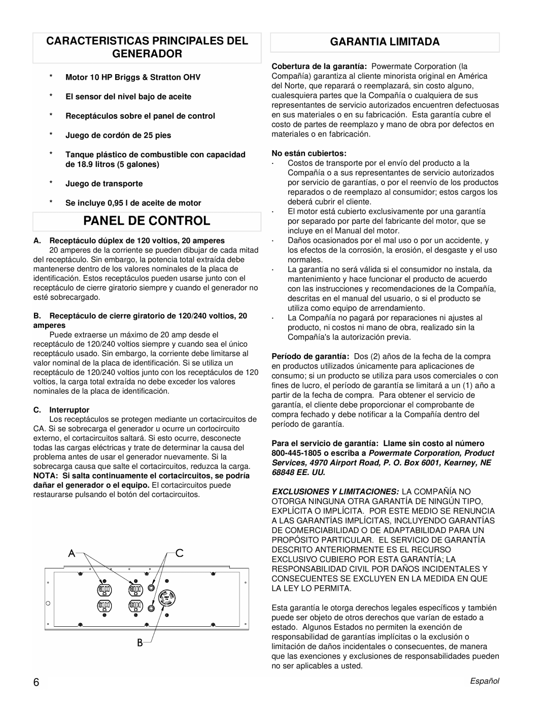 Powermate PM0545010 manual Panel DE Control, Caracteristicas Principales DEL Generador, Garantia Limitada, Interruptor 