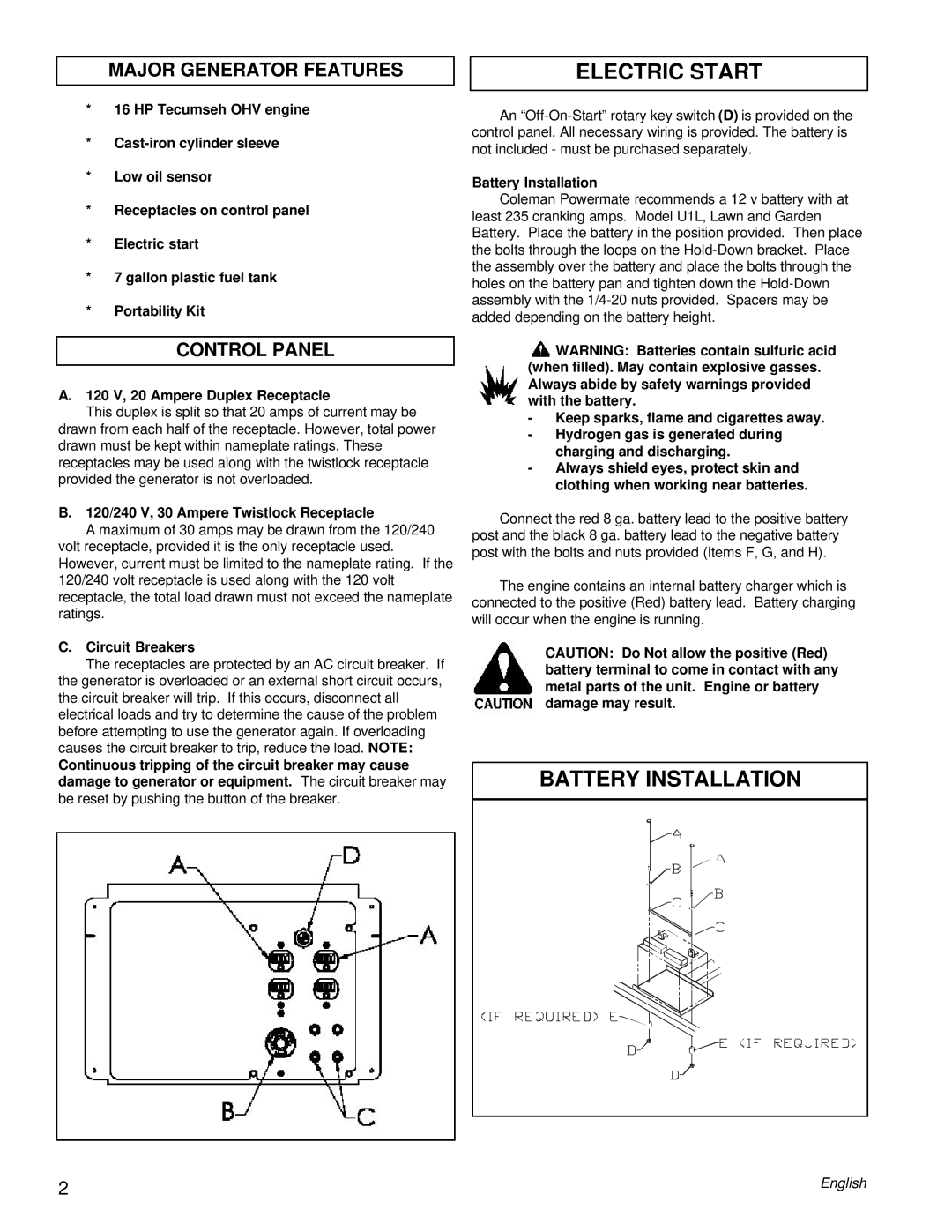 Powermate PM0557501 manual Electric Start, Battery Installation, Major Generator Features, Control Panel 