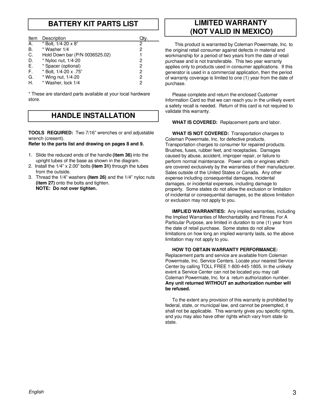 Powermate PM0557501 manual Battery KIT Parts List, Handle Installation, Refer to the parts list and drawing on pages 8 