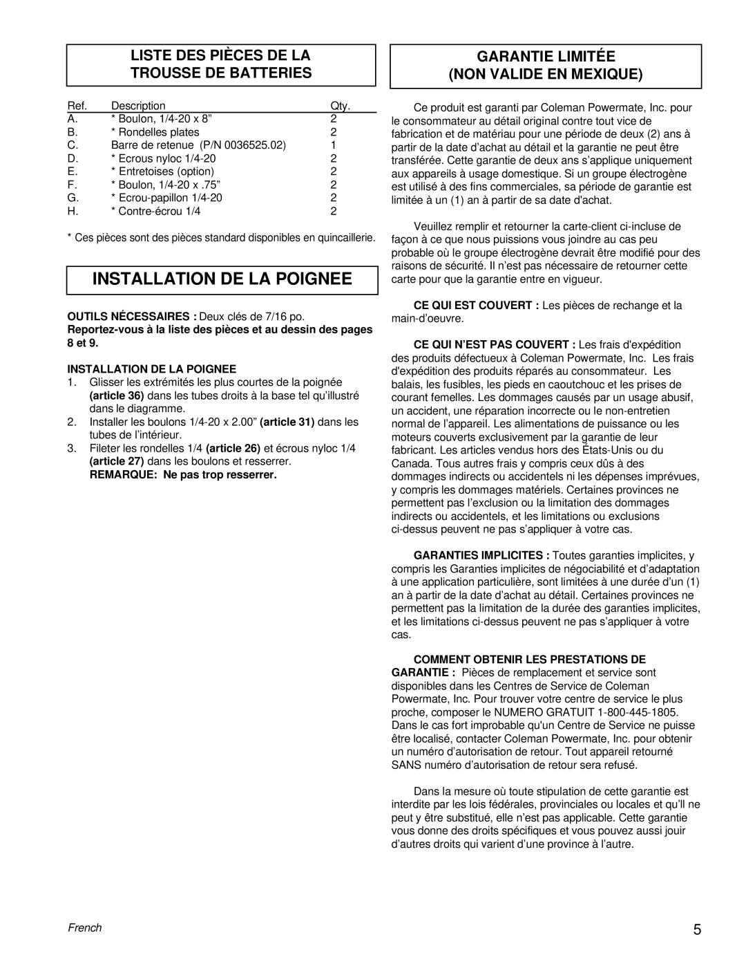 Powermate PM0557501 manual Installation DE LA Poignee, Liste DES Pièces DE LA Trousse DE Batteries 