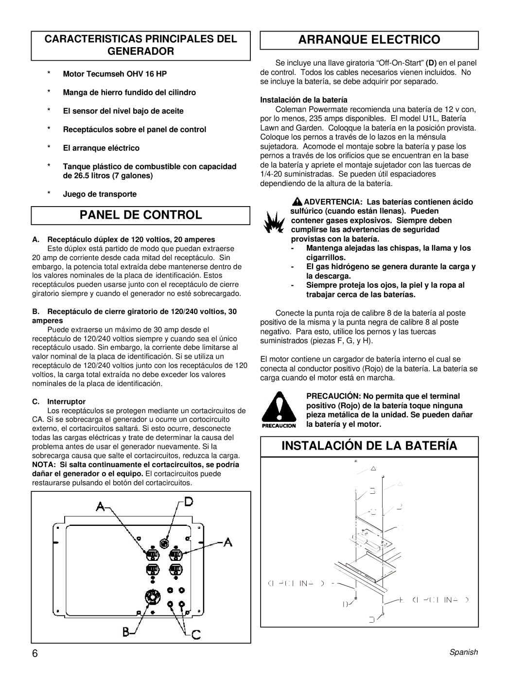 Powermate PM0557501 manual Panel DE Control, Arranque Electrico, Instalación DE LA Batería 