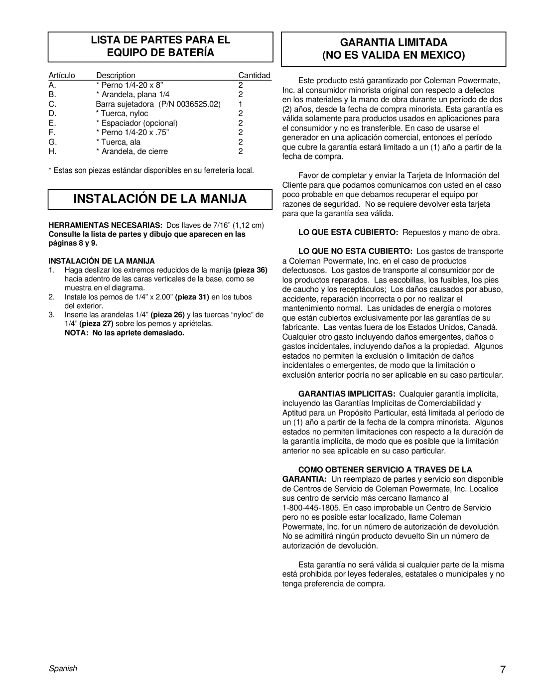 Powermate PM0557501 Instalación DE LA Manija, Lista DE Partes Para EL Equipo DE Batería, Nota No las apriete demasiado 