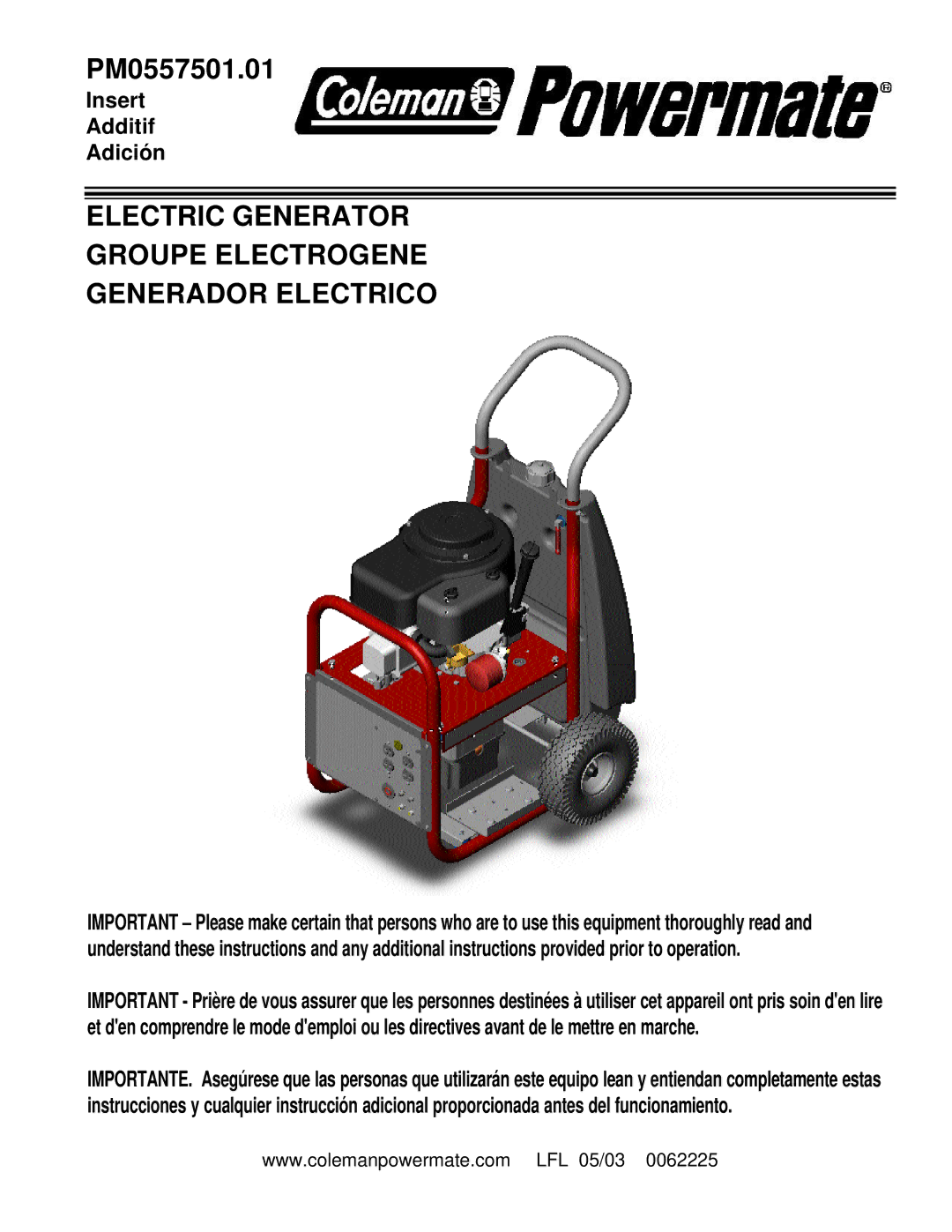 Powermate PM0557501.01 manual Electric Generator Groupe Electrogene Generador Electrico 