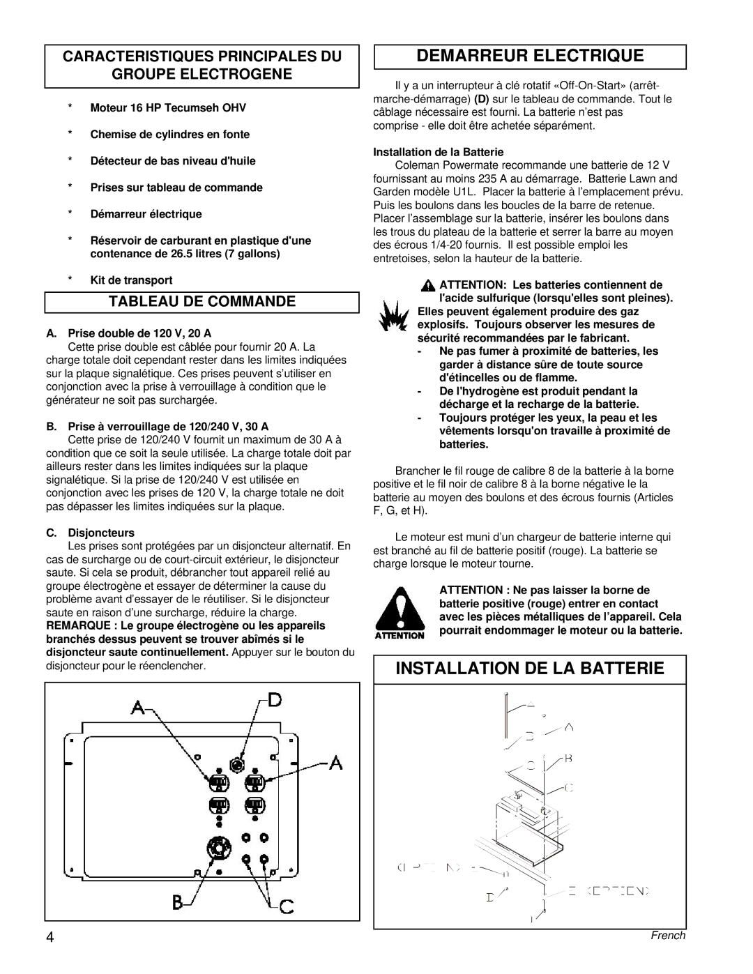 Powermate PM0557501.01 manual Demarreur Electrique, Installation DE LA Batterie, Tableau DE Commande 