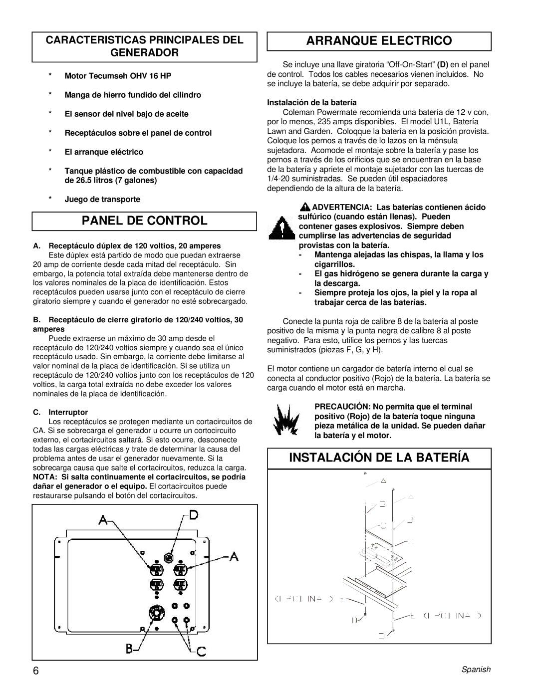 Powermate PM0557501.01 manual Panel DE Control, Arranque Electrico, Instalación DE LA Batería 