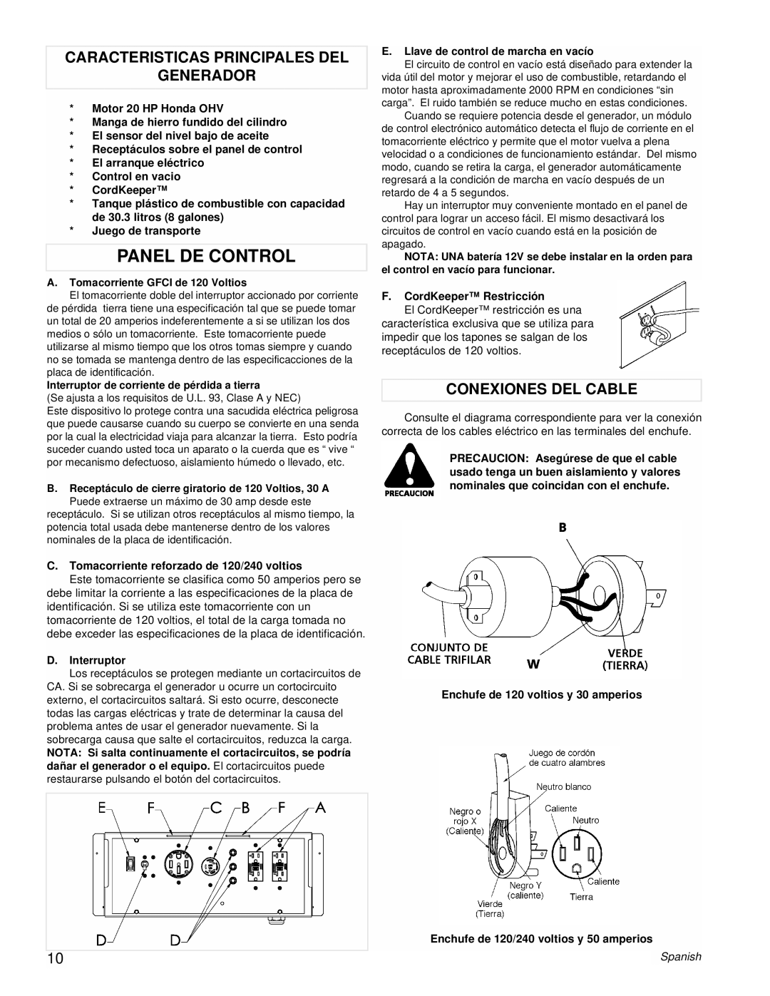 Powermate PM0601101 manual Panel DE Control, Caracteristicas Principales DEL Generador, Conexiones DEL Cable 