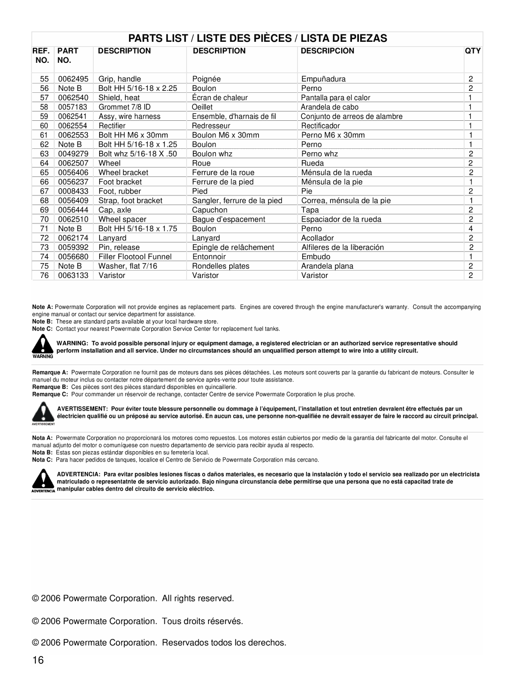 Powermate PM0601101 manual Parts List / Liste DES Pièces / Lista DE Piezas 