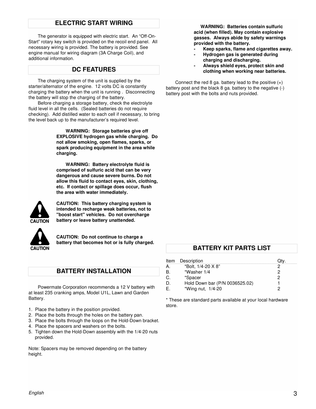 Powermate PM0601101 manual Electric Start Wiring, DC Features, Battery Installation, Battery KIT Parts List 