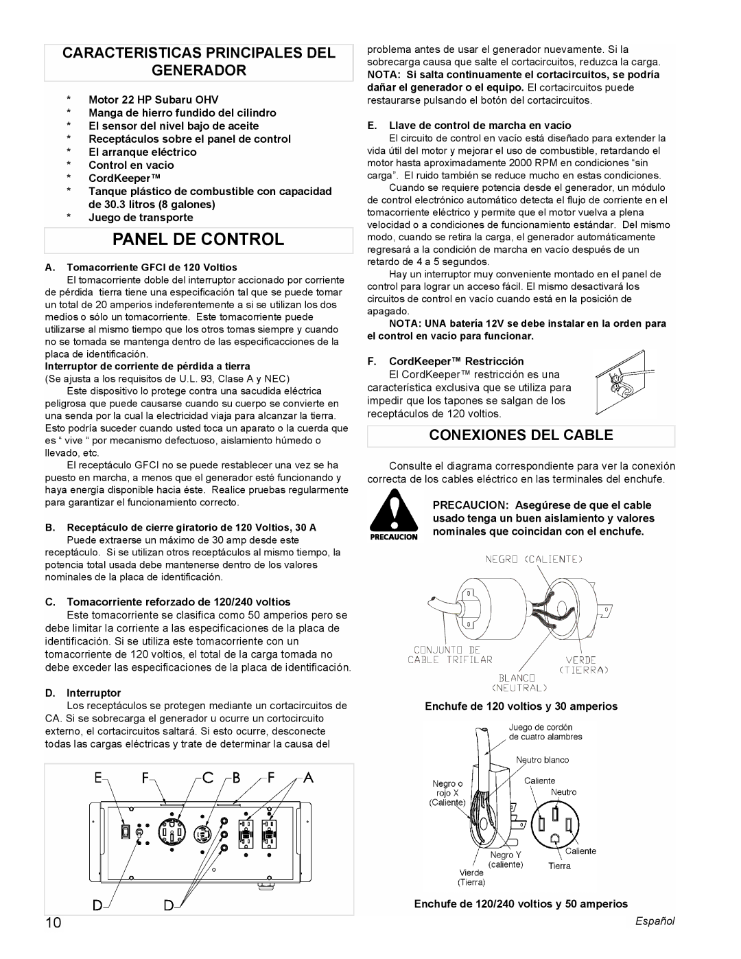 Powermate PM0601250 manual Panel DE Control, Caracteristicas Principales DEL Generador, Conexiones DEL Cable 