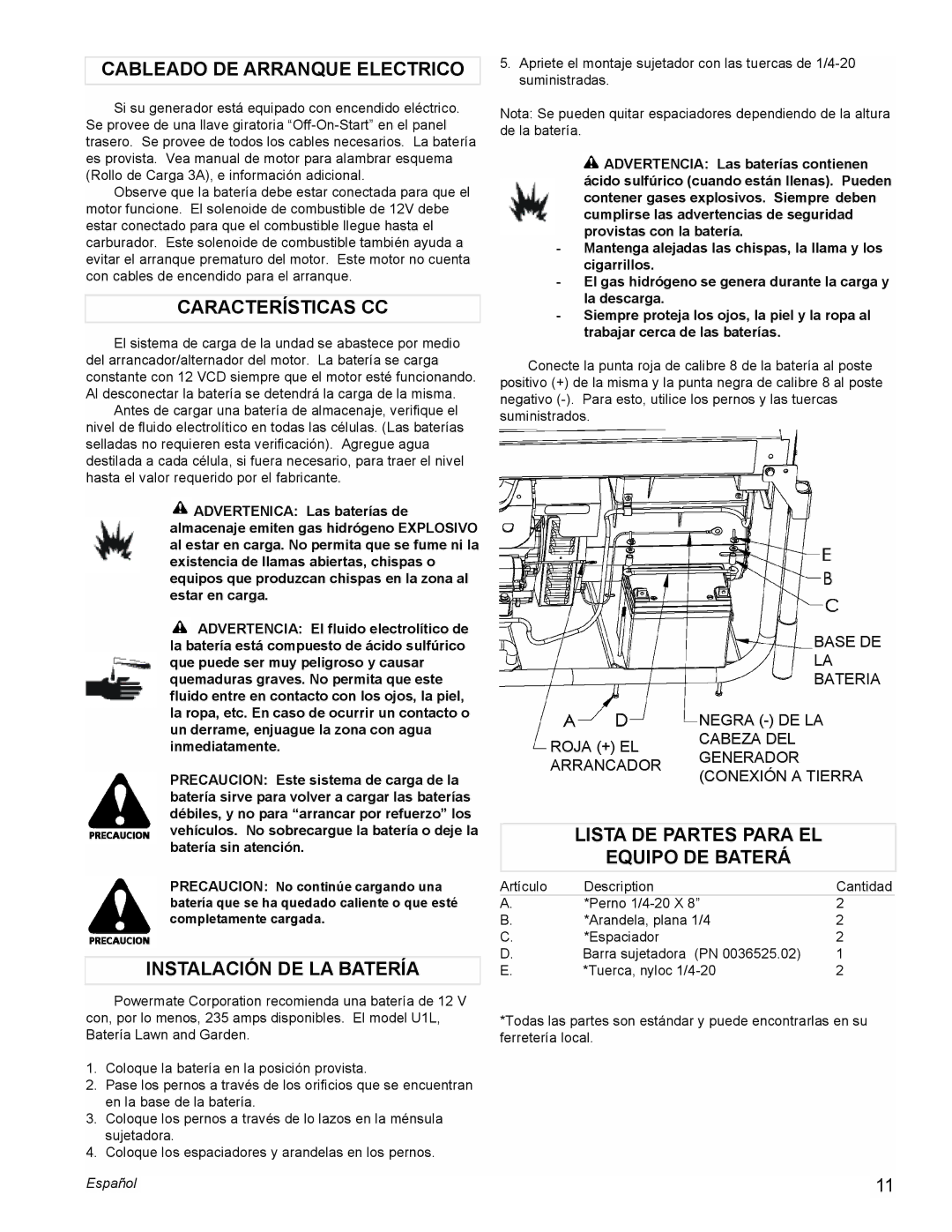 Powermate PM0601250 manual Cableado DE Arranque Electrico, Características CC, Instalación DE LA Batería 