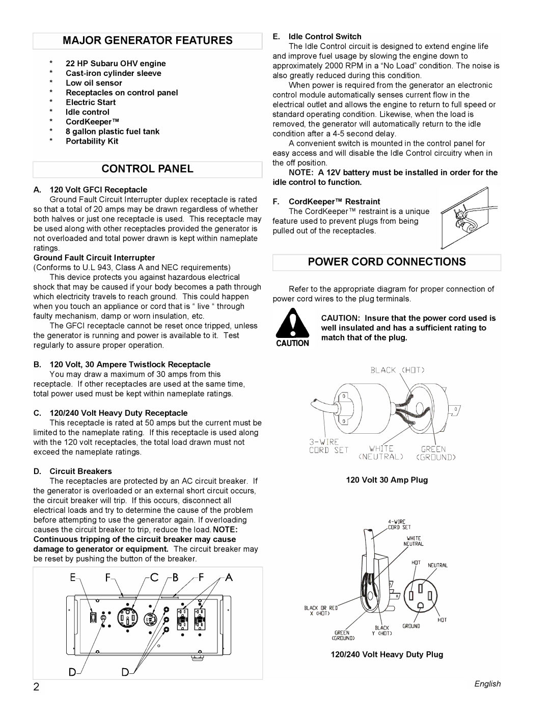 Powermate PM0601250 manual Major Generator Features, Control Panel, Power Cord Connections 