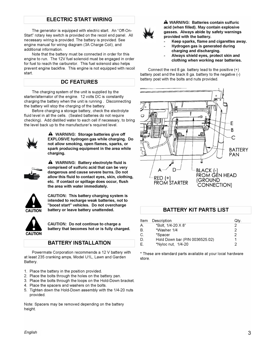 Powermate PM0601250 manual Electric Start Wiring, DC Features, Battery Installation, Battery KIT Parts List 