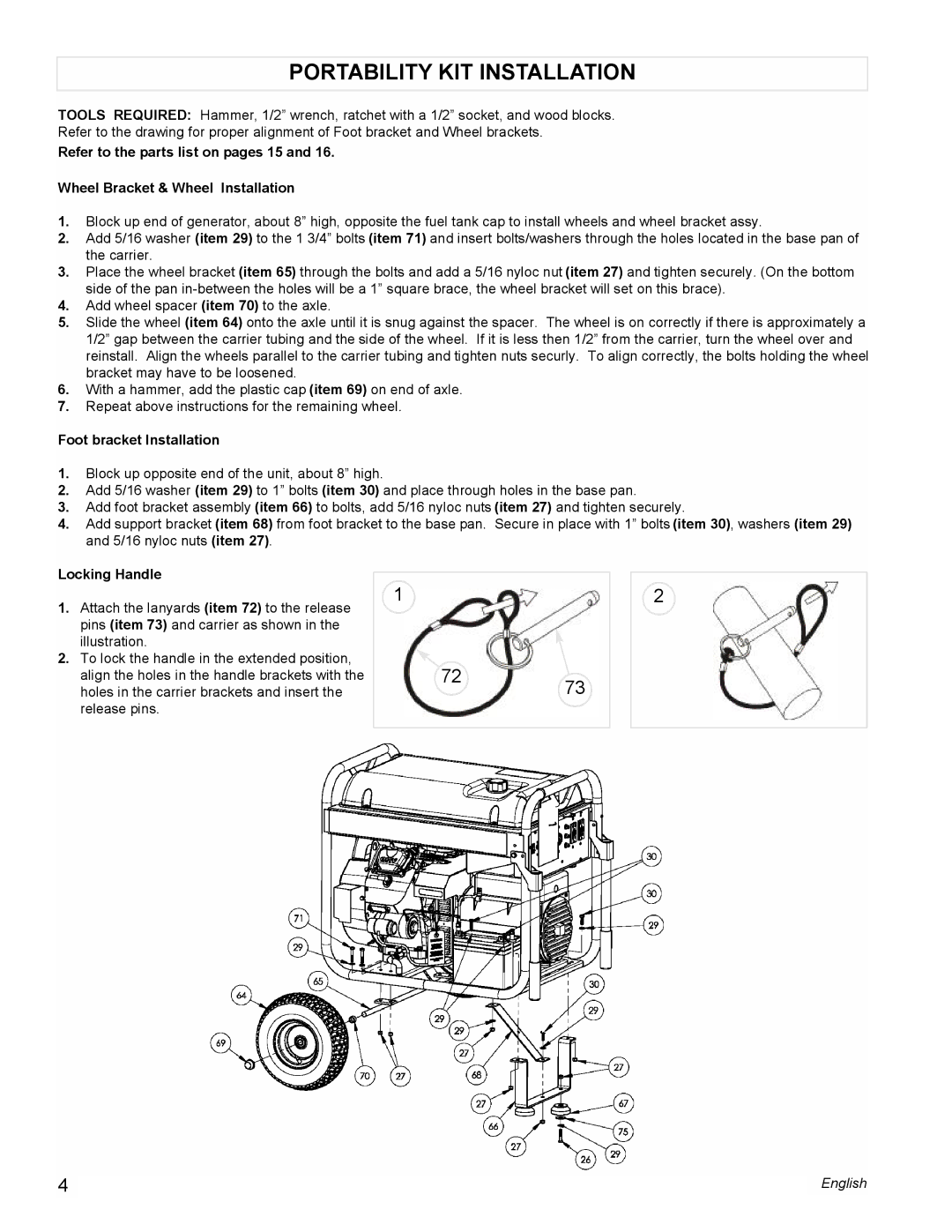 Powermate PM0601250 manual Portability KIT Installation, Foot bracket Installation, Locking Handle 