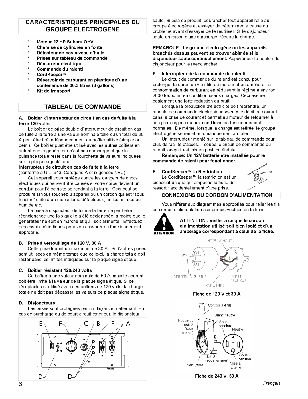 Powermate PM0601250 manual Caractéristiques Principales DU Groupe Electrogene, Tableau DE Commande 