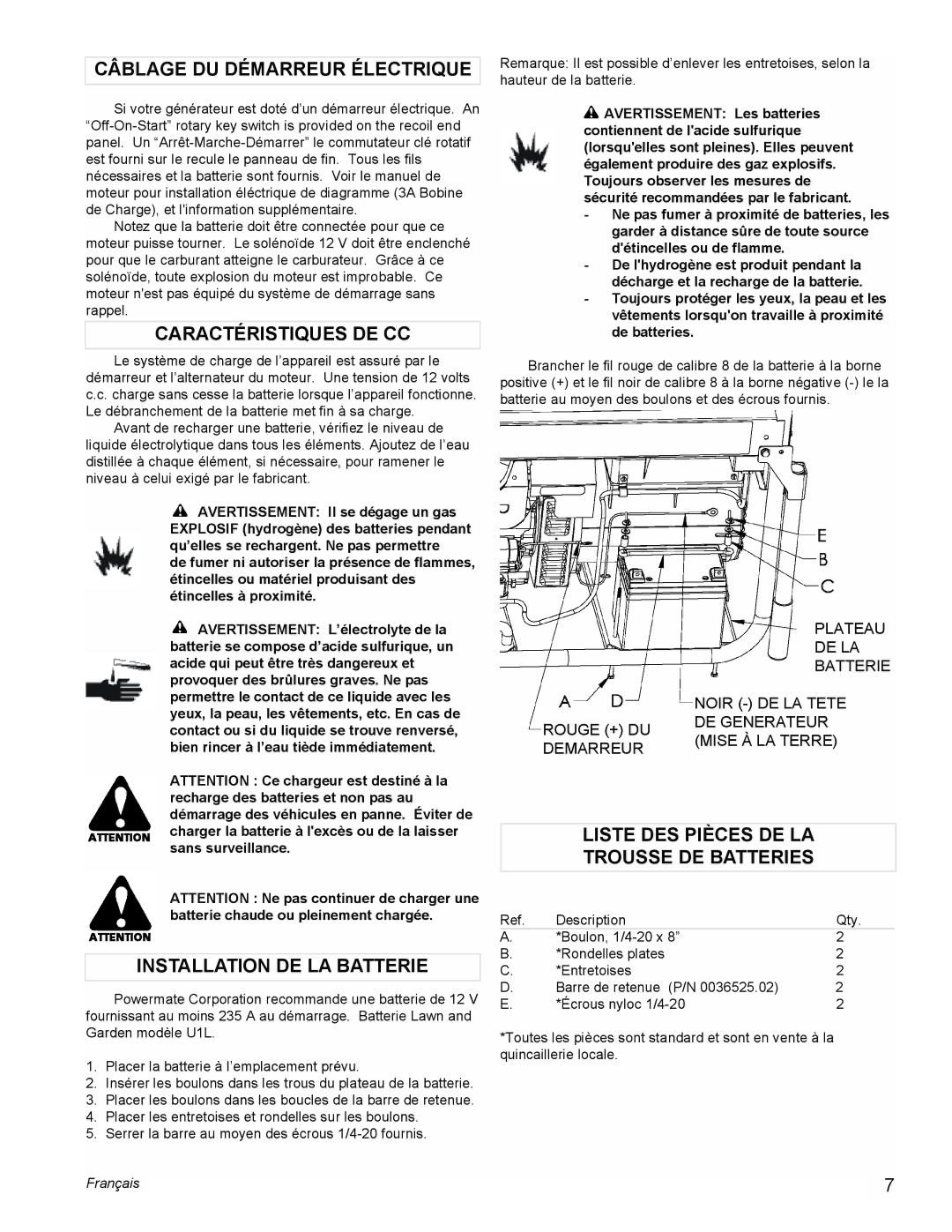 Powermate PM0601250 manual Câblage DU Démarreur Électrique, Caractéristiques DE CC, Installation DE LA Batterie 