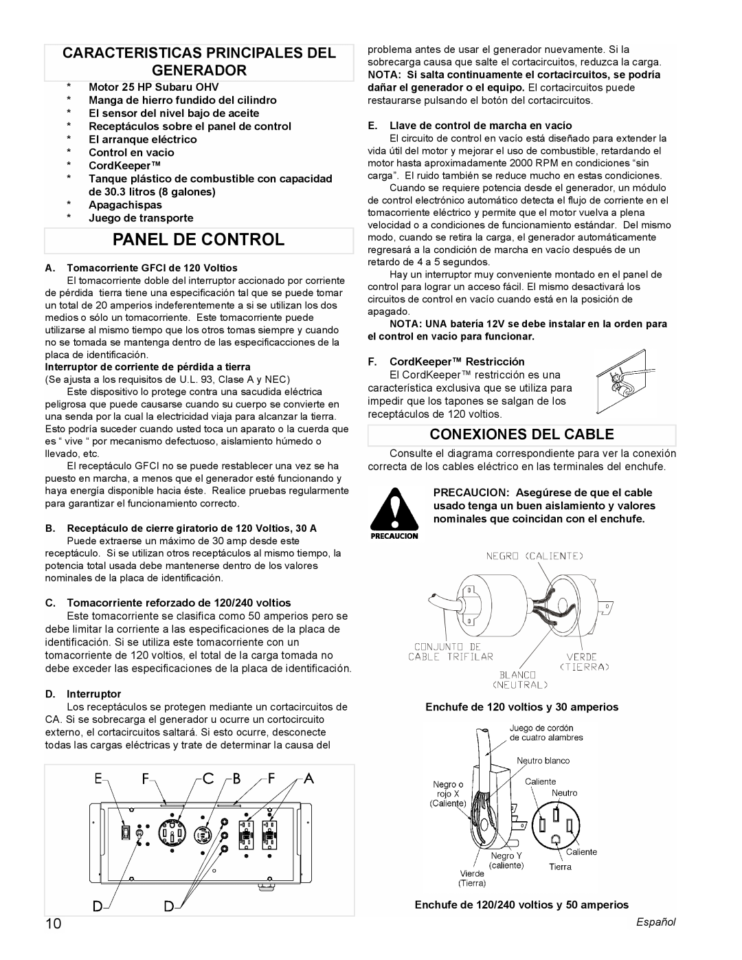 Powermate PM0601350 manual Panel De Control, Caracteristicas Principales Del Generador, Conexiones Del Cable 