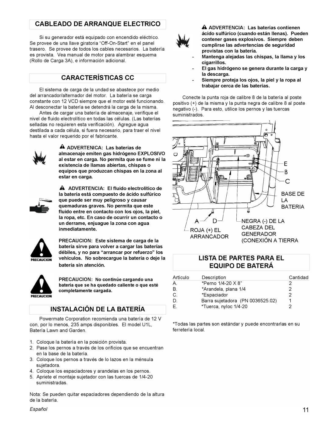 Powermate PM0601350 manual Cableado De Arranque Electrico, Características Cc, Instalación De La Batería, Español 