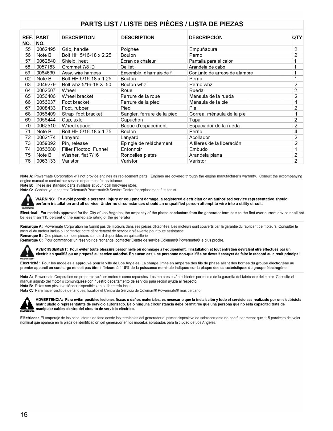 Powermate PM0601350 manual Parts List / Liste Des Pièces / Lista De Piezas 