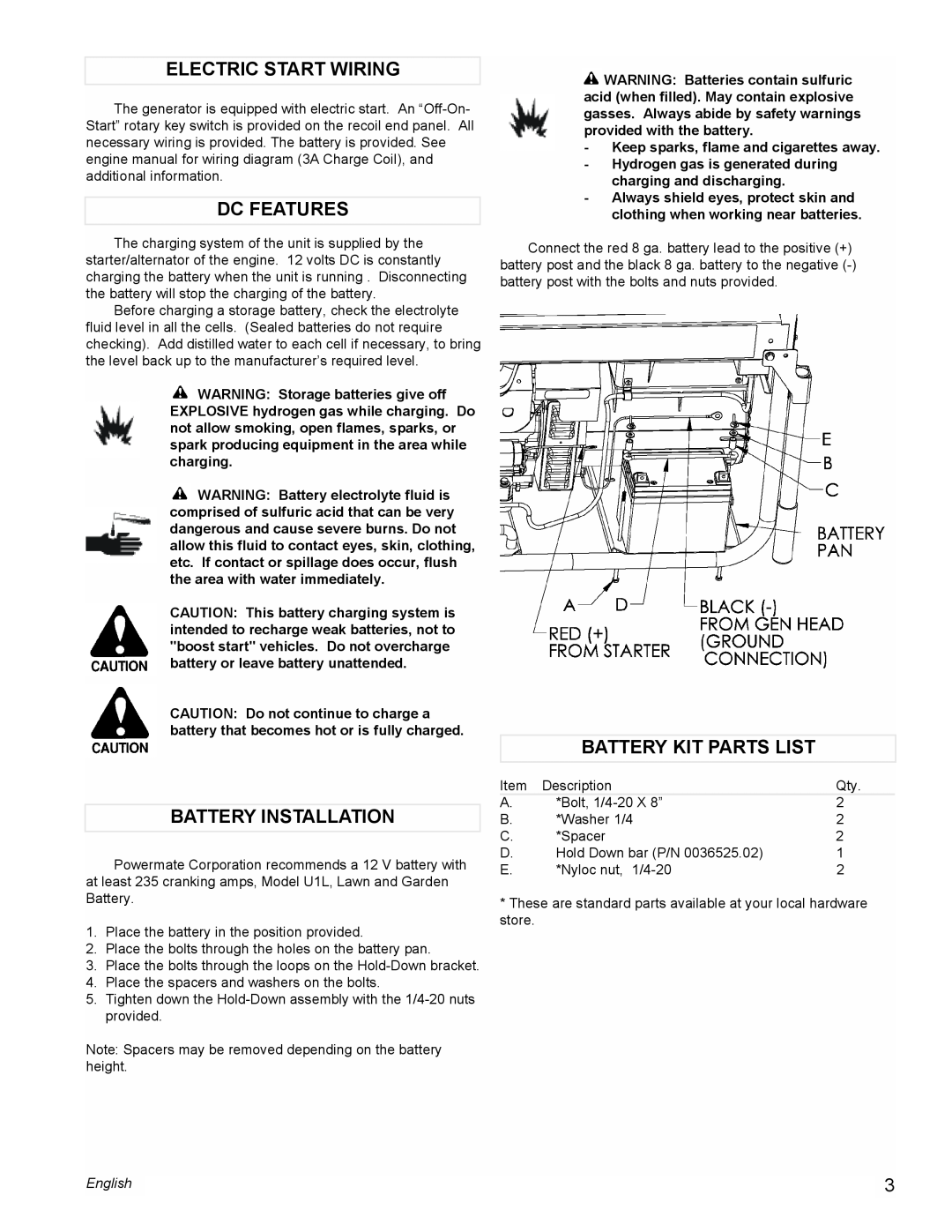 Powermate PM0601350 manual Electric Start Wiring, Dc Features, Battery Installation, Battery Kit Parts List, English 