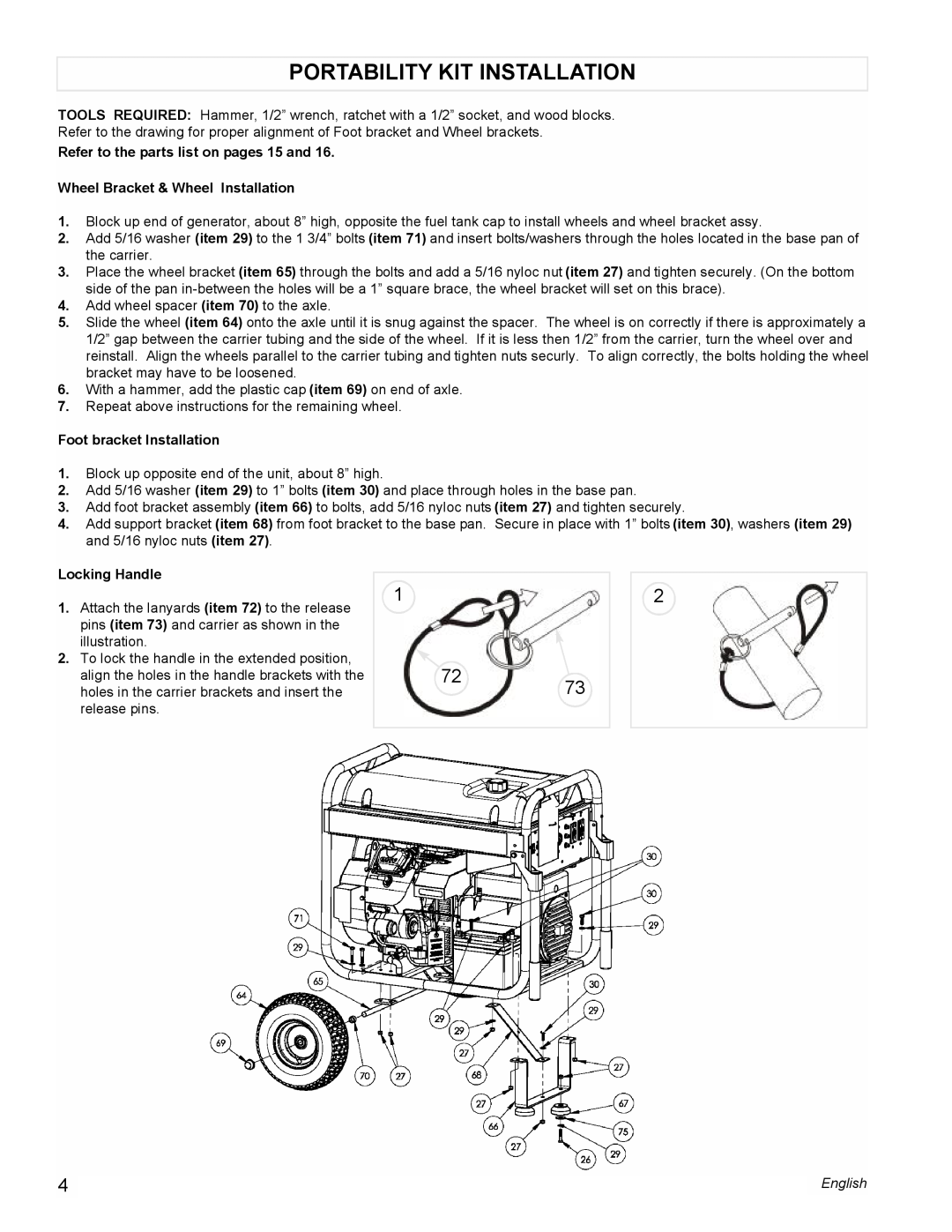Powermate PM0601350 manual Portability Kit Installation, Refer to the parts list on pages 15 and, Foot bracket Installation 