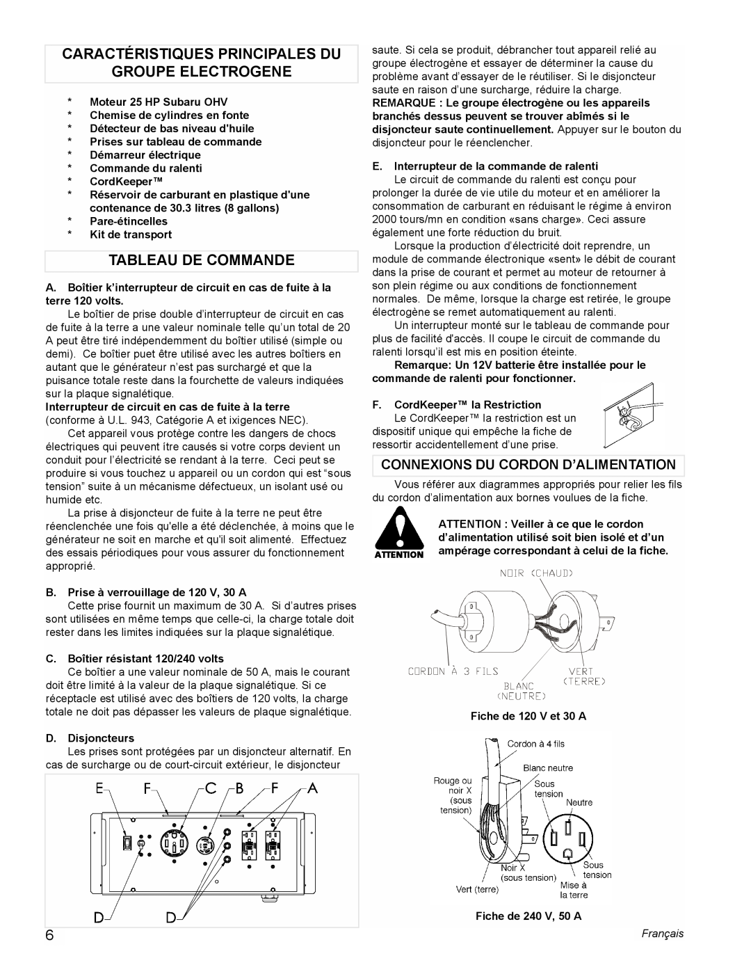 Powermate PM0601350 manual Caractéristiques Principales Du Groupe Electrogene, Tableau De Commande, Français 