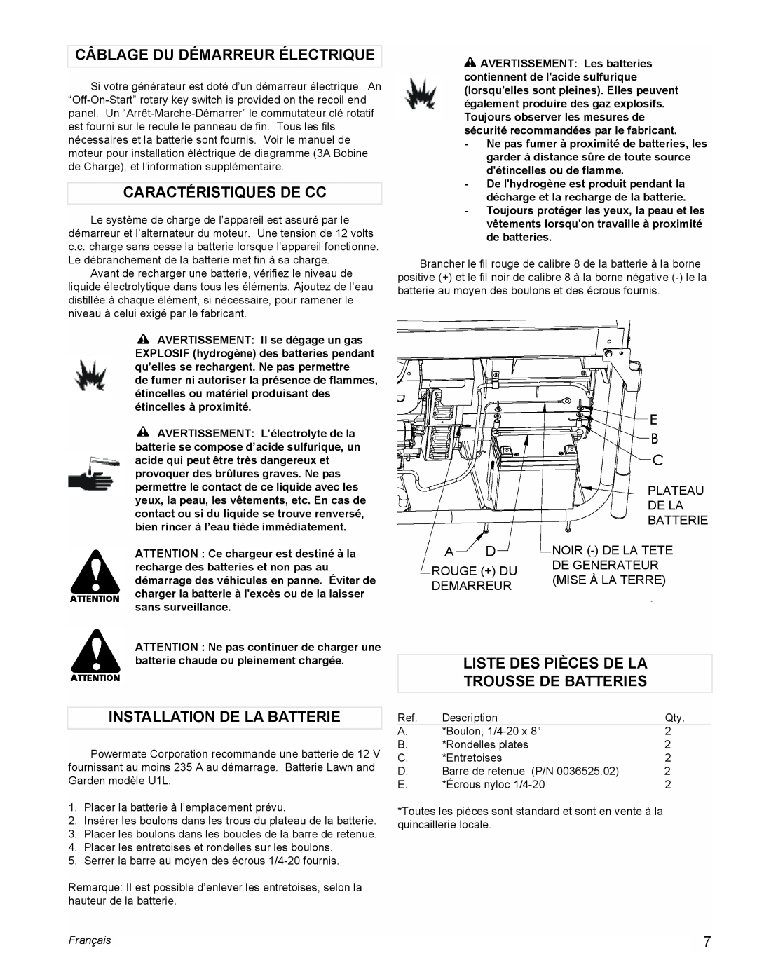 Powermate PM0601350 manual Câblage Du Démarreur Électrique, Caractéristiques De Cc, Installation De La Batterie, Français 