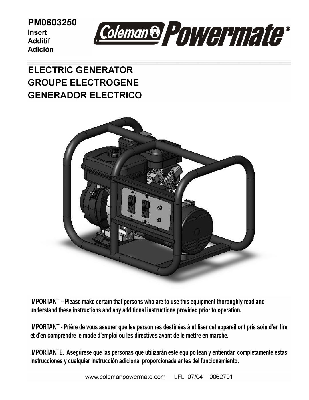 Powermate PM0603250 manual Electric Generator Groupe Electrogene, Generador Electrico, Insert Additif Adición 