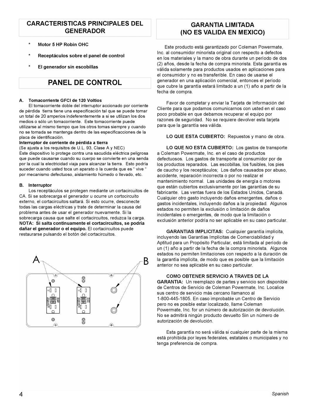 Powermate PM0603250 Panel De Control, Caracteristicas Principales Del Generador, Garantia Limitada No Es Valida En Mexico 