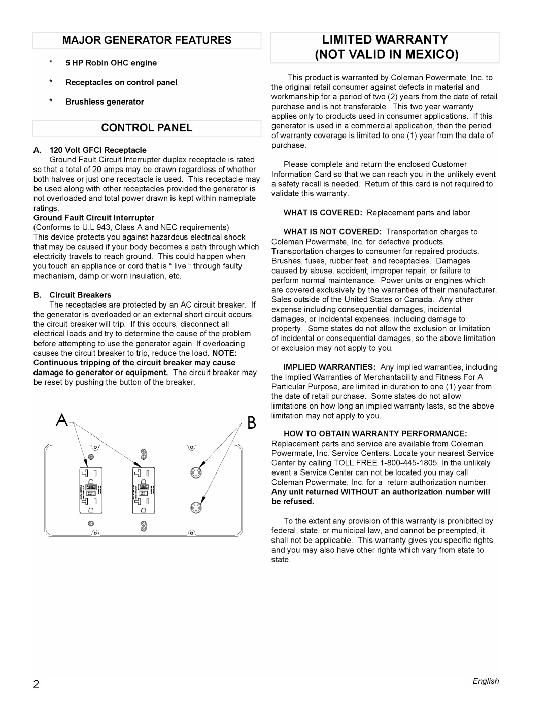 Powermate PM0603250 manual Major Generator Features, Control Panel, Volt Gfci Receptacle, Ground Fault Circuit Interrupter 