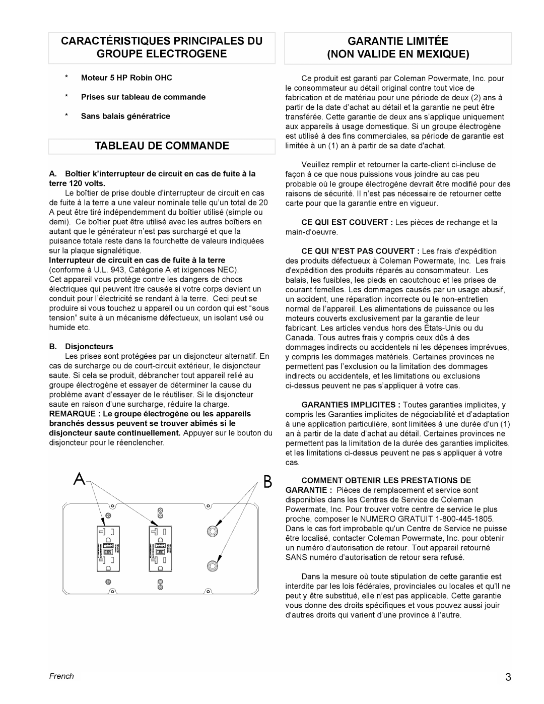 Powermate PM0603250 manual Caractéristiques Principales DU Groupe Electrogene, Tableau DE Commande 