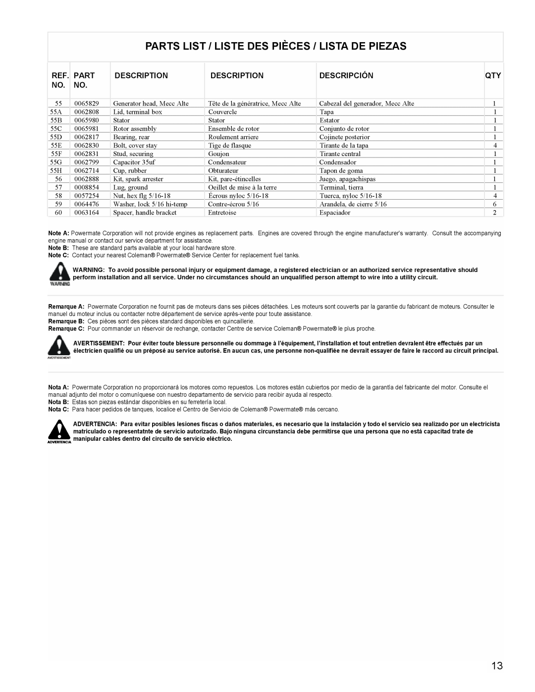 Powermate PM0605000 manual Parts List / Liste Des Pièces / Lista De Piezas, Description, Descripción 