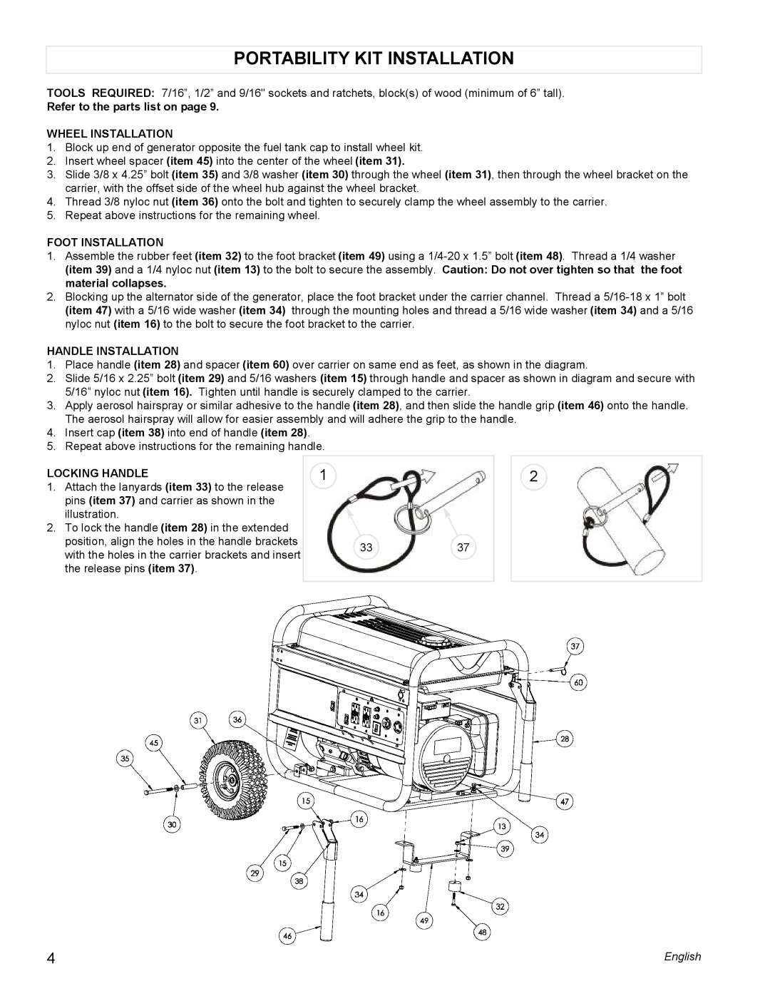 Powermate PM0605000 Portability Kit Installation, Refer to the parts list on page, Wheel Installation, Foot Installation 