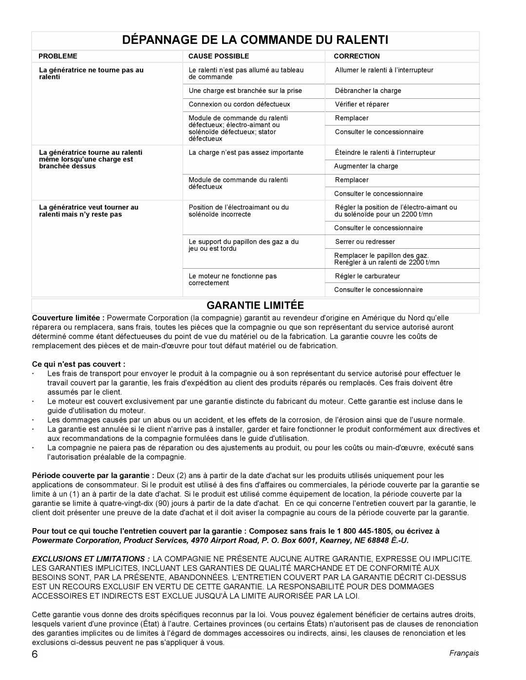 Powermate PM0605000 manual Dépannage De La Commande Du Ralenti, Garantie Limitée, Ce qui nest pas couvert, Français 
