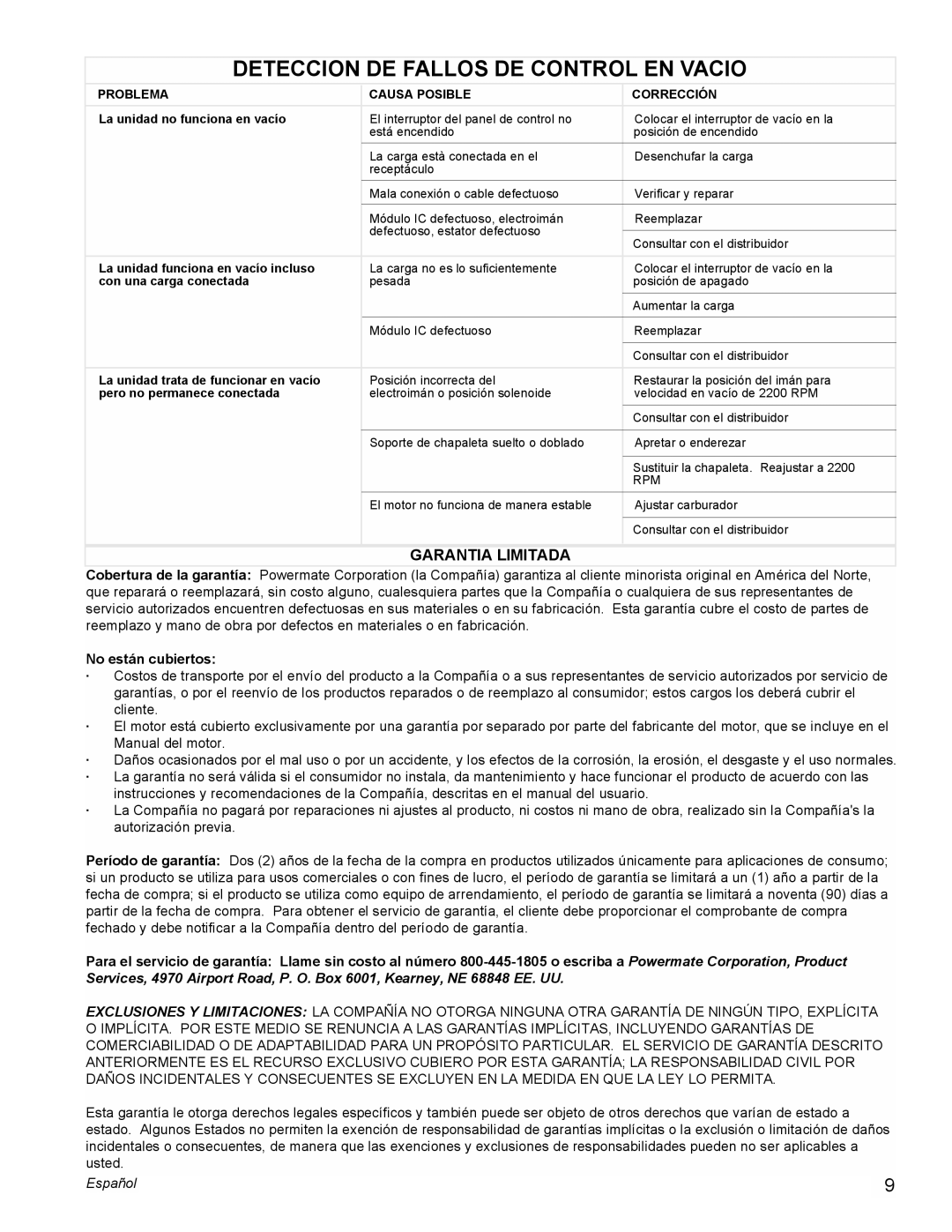Powermate PM0605000 manual Deteccion De Fallos De Control En Vacio, Garantia Limitada, No están cubiertos, Español 